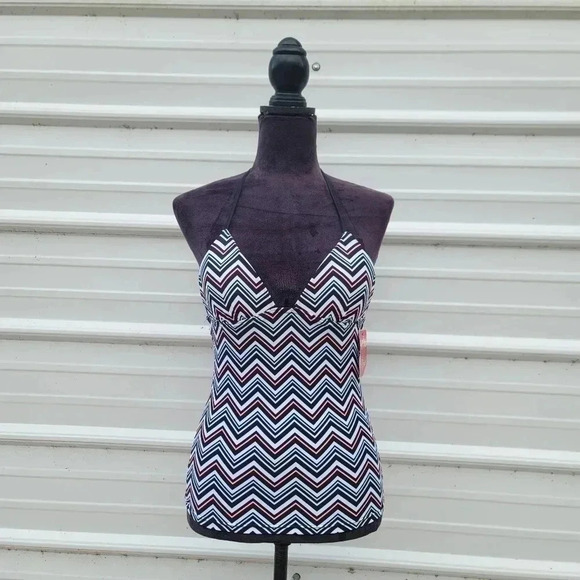 NWT Candie's Tankini Swimming Top XS Top Padded Halter Black White Chevron Pink - Picture 1 of 11